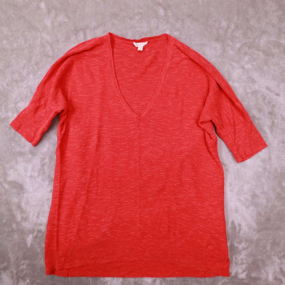 Eileen Fisher Orange V Neck Short SLeeve‎ Organic Cotton Linen Sweater size XS